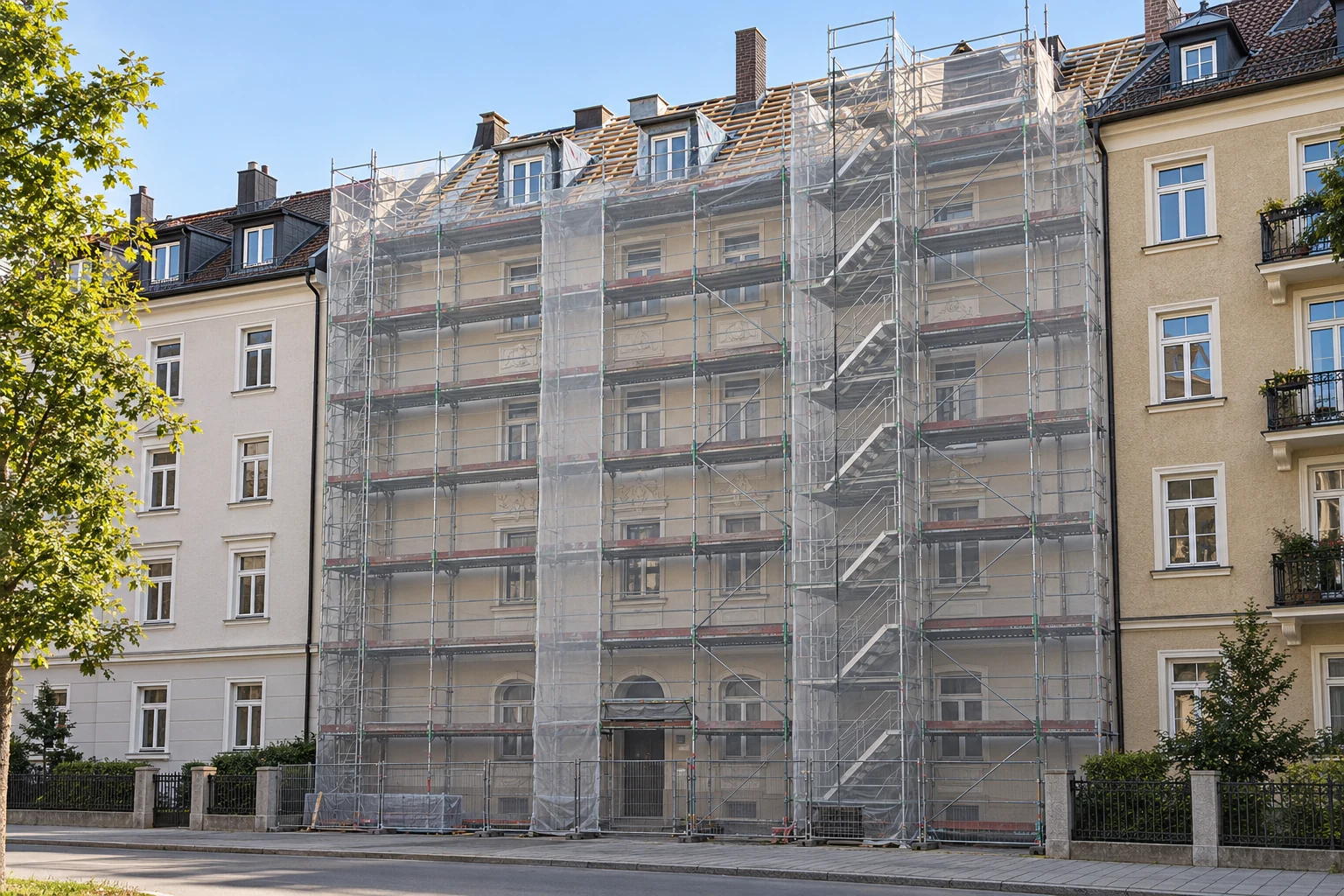 Mehrgeschossiges Bestandsgebäude mit Gerüst während Dach- und Fassadenarbeiten. Mehrgeschossiges Bestandsgebäude mit Gerüst während Dach- und Fassadenarbeiten.