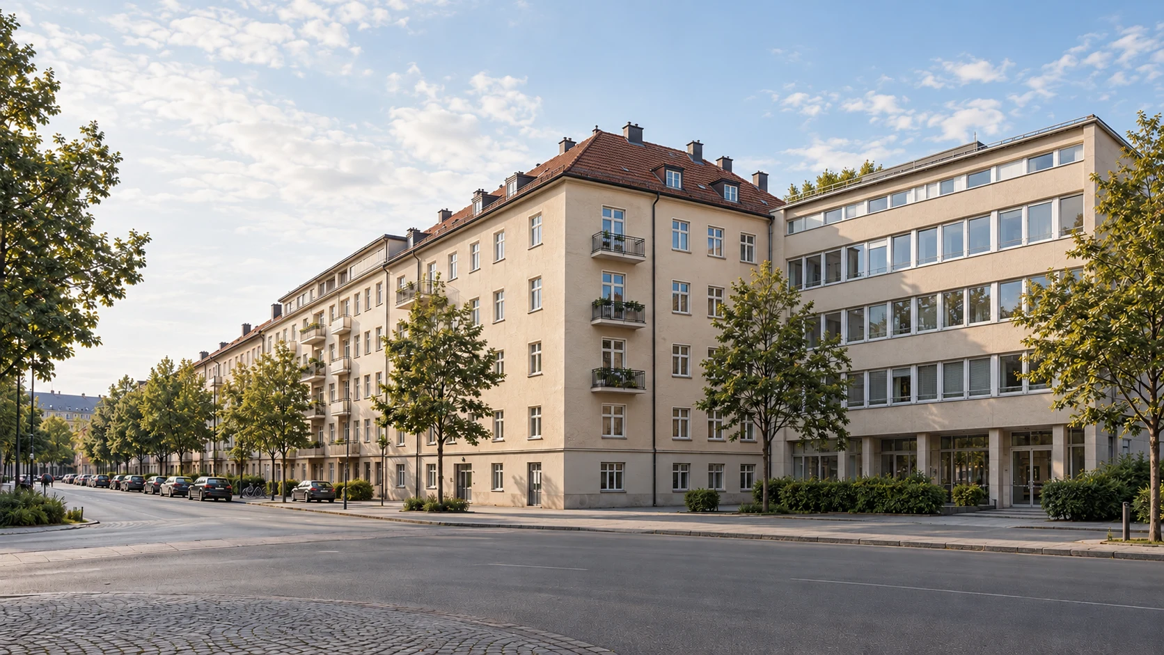 Illustrative Münchner Stadtszene mit Mehrfamilienhäusern und zurückhaltendem Bürogebäude. Illustrative Münchner Stadtszene mit Mehrfamilienhäusern und zurückhaltendem Bürogebäude.